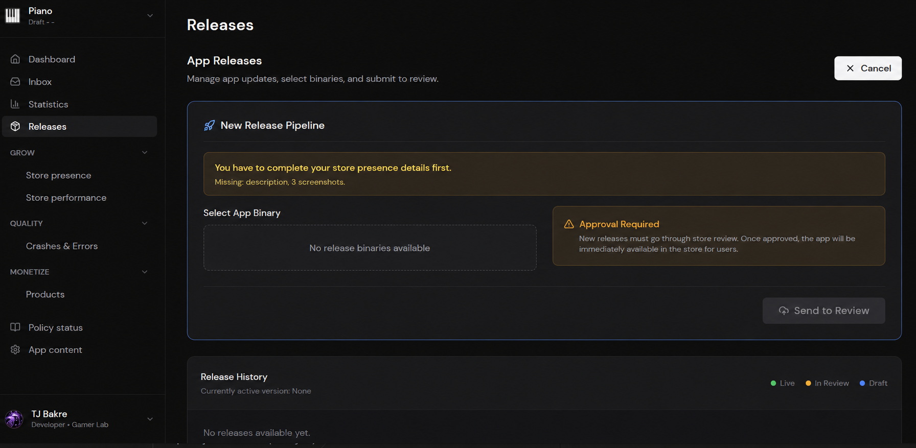 Appsudo Releases page showing store presence requirements, binary selection, and Send to Review