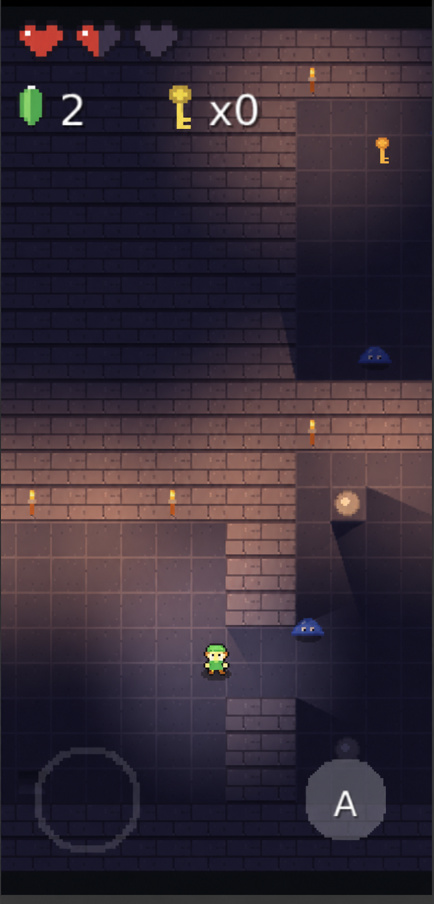 rpg2d dungeon scene with pixel-art HUD, player, enemies, torch lights, and hard-edged shadows