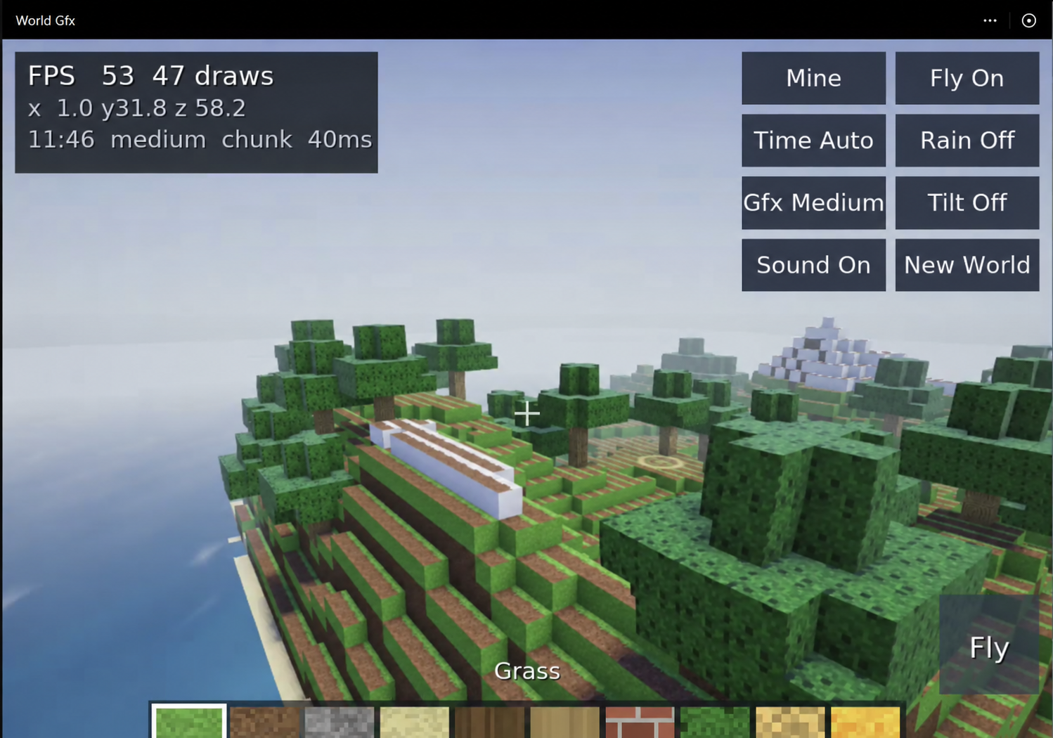 worldgfx preview showing the voxel world, HUD, and quality controls