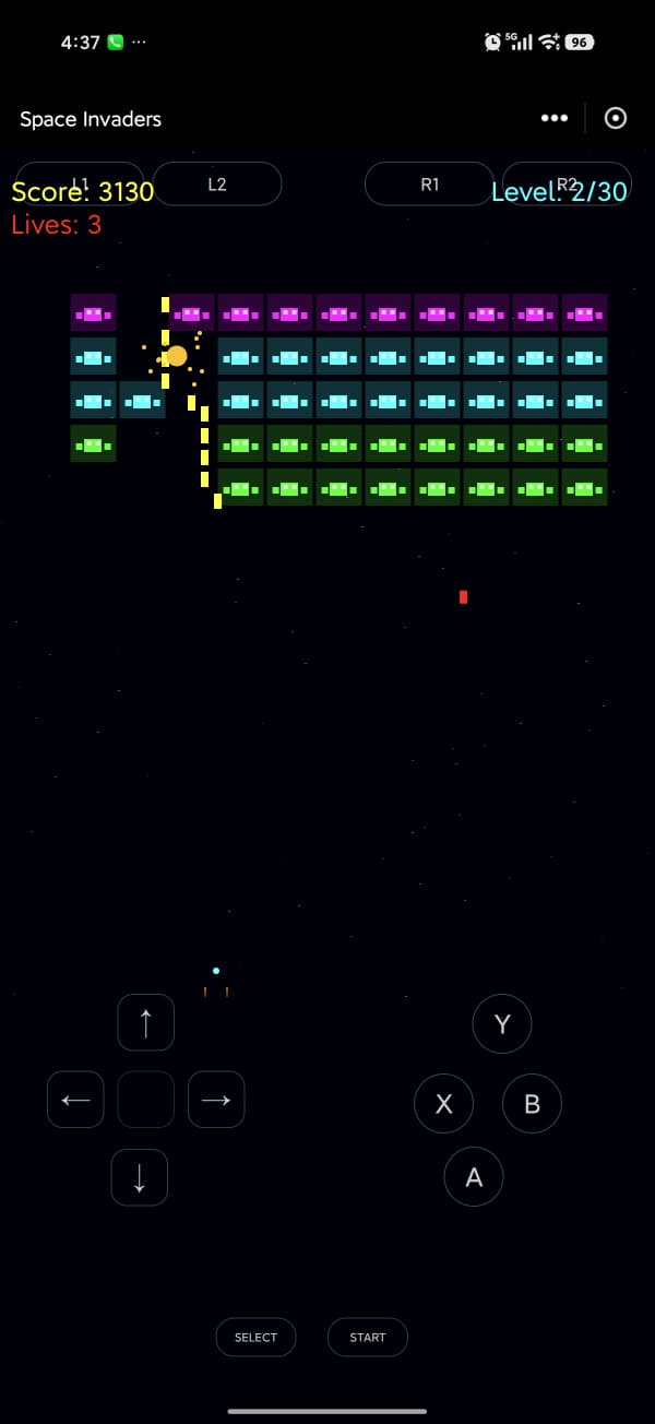 Space Invaders game using the default sudogamepad on-screen controller